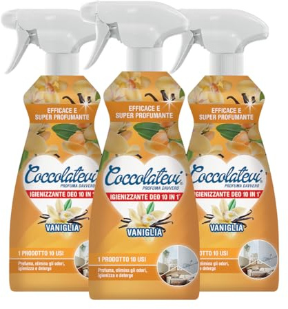 COCCOLATEVI Deo 10 in 1, 500 ml x 3 Cattura Odori, Detergente Igienizzante Multi Superficie con Alcol 50°, Igienizza, Pulisce, Deodora e Profuma (Vaniglia)