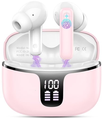 Wireless Bluetooth Headphones 13.5 cm Ear with 4 Enc Noise Cancelling Mics, 40 Hours HiFi Stereo Wireless with LED Display, IP7 Waterproof Sports Earphones, Pink