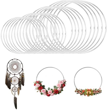 yolzhxe 20 Pezzi Anelli in Metallo,5/10/15/20 cm Argento Cerchi per Acchiappasogni, Cerchio Metallo Spessore 3 mm, per Acchiappasogni, Ghirlande, Artigianato e Decorazioni Nuziali
