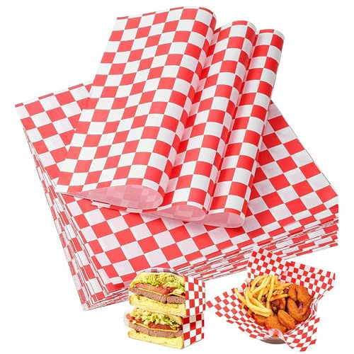 250 Pcs Greaseproof Paper Sheets, 25 x 25 cm Food Grade Wrapping Parchment Wax Paper Sheets Red Checkered, Waterproof Greaseproof Parchment Baking Wrapping Sheet for BBQ Sandwich Pizza French Fries