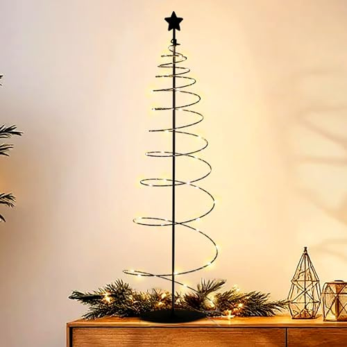 Spiral Weihnachtsbaum mit 47 LED aus Metall in schwarz mit Timer - 80 cm - Lichterbaum mit Stern Spitze warm weiß beleuchtet Batterie betrieben - Weihnachten Advent Deko Beleuchtung
