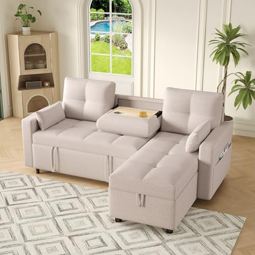 Mrwoo Sofá Cama en L Modular, 3 Plazas con Chaise, Extensible para Dormir, Almacenamiento y Portavasos Extraíble, Bolsillo Lateral, Lino, Color Beige