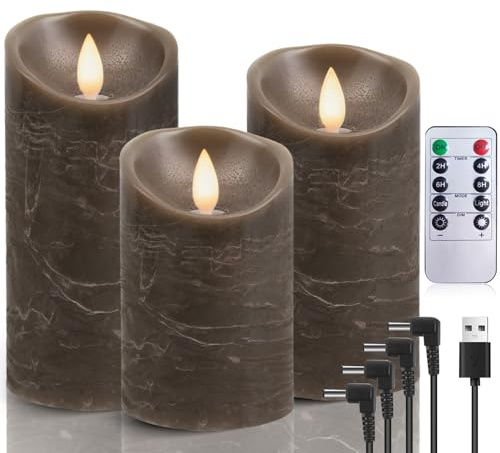AiiBowy LED Kerzen Aufladbar Echtwachs 3er-Set mit timerfunktion, Flackernde Flamme, LED Kerzen Adventskranz, LED Stumpenkerzen Outdoor für Halloween Weihnachten Party Dekoration - Braun