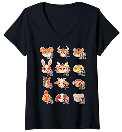 Femme Animaux du Zodiaque Chinois Mignon Kawaii Nouvel an Chinois T-Shirt avec Col en V