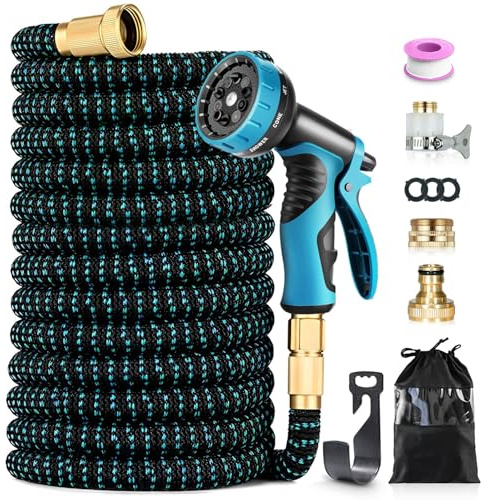 Expandable Garden Hose Pipe 100FT/30M, Flexible 3750D Fabric Water Hose with 10-Pattern Spray Nozzle, 1/2 & 3/4 Connectors, 4-Layer Latex Core for Garden Watering, Car Washing, Blue & Black
