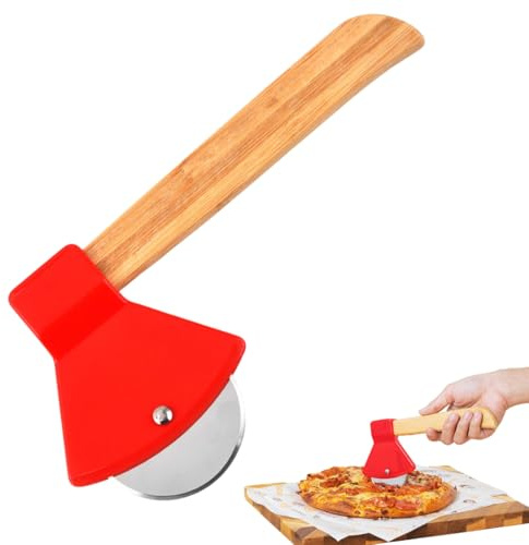 BQRKOTM Hacha Cortador de Pizza,Corta Pizzas de Acero Inoxidable con Mango de Roble,Accesorios Cocina con Protección Anticortes,Súper Afilada y Duradera Ideal para Pizza,Pasteles (Rojo)