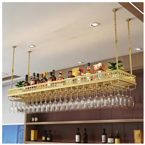 Ceiling Wine Rack-Hanging Stemware Holderfor Bar,23.6x11.8-Gold | Adjustable Height 12-24”,Industrial Iron Hanging Kitchen Wine Bottle Organizer Shelf,Space-Saving