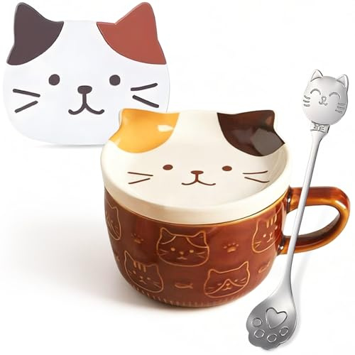 Tianher Taza Gato, 300ml Tazas De Te Bonita Taza De Gato Desayuno Con Tapa Cuchara y Posavasos Juego De Platillos De Tazas De Café y Té Regalo Para Amigos Navidad Cumpleaños (Marrón)