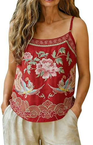 Cihdmfb Top de espagueti para mujer, verano, flores, bordado, algodón, lino, tallas grandes, cuello redondo, sin mangas, tirantes finos, camiseta de tirantes delgados, camiseta informal de lino