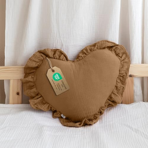Dekokissen Kinderzimmer [Kuschel Kissen in Herz- & Sternform] - Kuschelkissen Kinder aus 100% Musselin-Baumwolle - handgenäht & weich in 12 Farben - Herzkissen Sternkissen Deko fürs Kinderbett