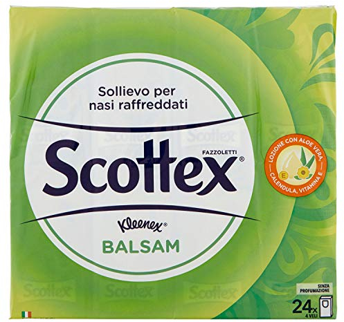 Scottex Balsam Fazzoletti di carta, Morbidi e Lenitivi, Dermatologicamente testati, Confezione da 24 Pacchetti di Fazzoletti