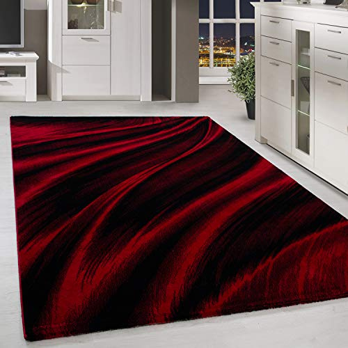HomebyHome Kurzflor Teppich 120x170 cm, Modern Abstrakt Wellen Design in Rot Schwarz, Pflegeleicht, ideal für Wohnbereich, Jugendzimmer oder Essplatz