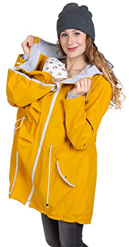 Viva la Mama – 4in1 Tragejacke PINA für Schwangerschaft & Babytragen (vorn & hinten) – Umstandsjacke Softshell Allwetter – senfgelb - L