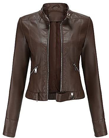 YYNUDA Elegante giacca da donna in finta pelle con cerniera lampo corta PU moto Biker Outwear aderente cappotto slim, Caff, M