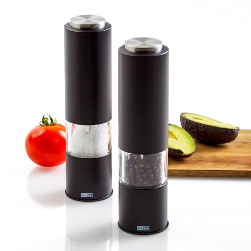 AdHoc Tropica Elektrische Pfeffer- & Salzmühlen, 2er Geschenkset | Mit CeraCut Keramikmahlwerk, LED-Licht, Aromaschutzkappen, stufenlos verstellbar fein bis grob, Schwarz
