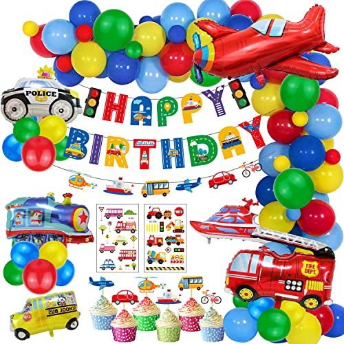 66-tlg. Ballon-Deko-Set * AUTOS + FAHRZEUGE * als Deko für Kindergeburtstag und Auto Mottoparty | Cars Feuerwehr Polizei Truck Flugzeug Party Partydeko