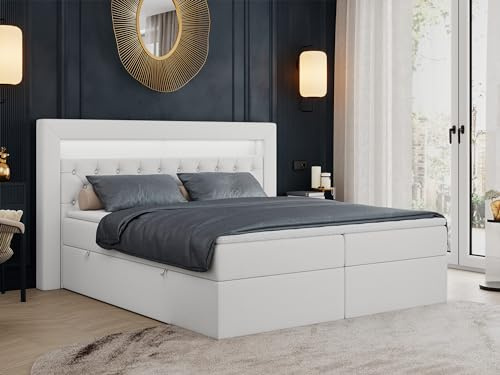 MKS MEBLE Boxspringbett 180x200 mit Led Weiß Kunstleder, Bett 180x200 mit LED Kopfteil, Multipocket Matratze H3, Doppelbett mit Bettkasten Stauraumbett - Gold-6 - Weiß Kunstleder