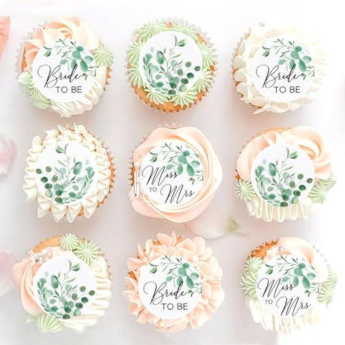 40Pcs Edible Greenary Bride to Be Cupcake Toppers Mr Mrs Cupcake Picks | Edible Green Leaves Theme Bridal Shower Engagement Just Married Greenery Wedding Party Decorations