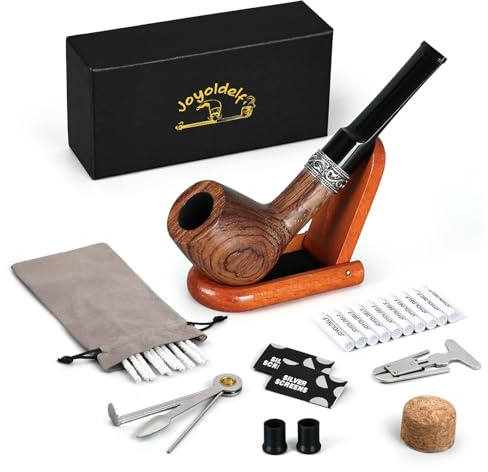 Joyoldelf Tobacco Pipe Straight Smoker, Rosewood Smoking Pipe Set Including Foldable Pipe Stand, 3-in-1 Pipe Scraper, Pipe Filters and Other Pipe Accessories