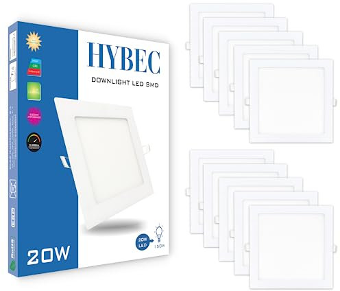 HYBEC- Spot LED Carré Encastrablé,Spot LED Encastrable Downlight Carré, Lustre Chambre, Bureau Blanc, Downlight LED Salle de Bain, Luminaire Encastrable Carré LED 20W (Pack 10)