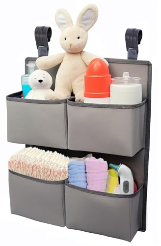 KIKJOK Hanging Diaper Organizer for Crib/Playpen/Bassinet – Hold 80+ Diapers - 4 Deep Pockets-H19in x L15 in Changing Table Diaper Holder - Hanging Diaper Storage Stacker Nursery Caddy - Gray