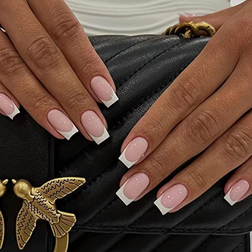 JUSTOTRY 24 Pcs Beige Weiß Eckig Nägel Zum Aufkleben Kurz Muster,Nude Press on Nails,Klassisch Kunstnägel Fake Nails für Nails Art,Square French Fingernägel Künstliche Nägel für Frauen
