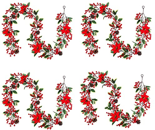 LLKOZN 5Stück 6.3FUß Rot Berry Weihnachten Girlande, KüNstliche Weihnachten Stern Girlande, Weihnachten Beeren Girlande mit Tannen Zapfen