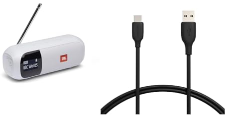 JBL Tuner 2 Radiorekorder in Weiß – Tragbarer Bluetooth Lautsprecher mit MP3 & Amazon Basics Schnellladekabel