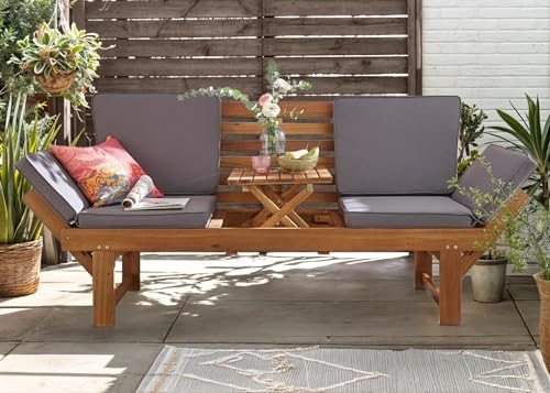 Wohnando Gartenbank Monte Akazienholz - Stilvolle & Wetterfeste Sitzbank Outdoor mit Tisch - Komfortable Holzbank für Garten oder Terrasse - Gartenbank Holz mit Auflage - Gartenmöbel - Garden Bench