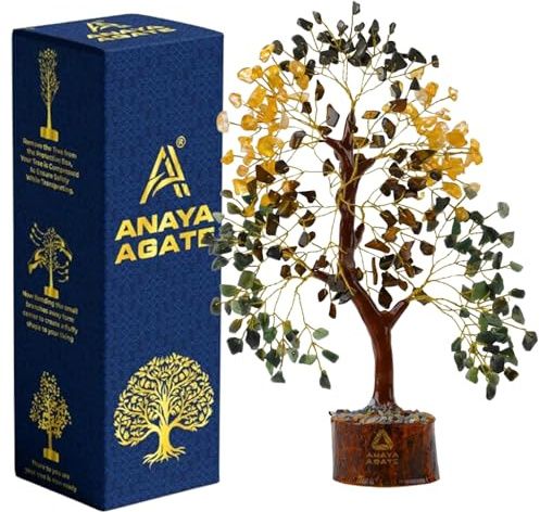 ANAYA AGATE Money Wealth Crystal Tree Set with Tree of Life Citrine, Pyrite, Tiger Eye & Green Aventurine, Chakra Healing Gemstone Trees for Prosperity, Success, Good Luck & Positive Energy