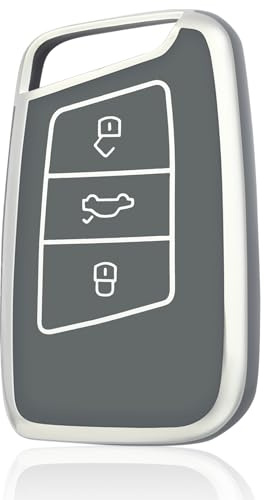 OFF WE GO Schlüsselhülle Cover für VW Autoschlüssel Hülle für Volkswagen Golf Passat Alltrack Arteon Atlas Jetta Skoda Kodiaq Superb A7 3 Tasten TPU Auto Schlüssel Schutzhülle Schlüsselbox,Grau Silber