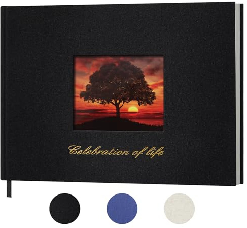 SUNEE Funeral Guest Book for Memorial & Funeral Services – in Loving Memory Funeral Book, Celebration of Life Guest Book with 100 Lined Pages, Table Sign, Ribbon Bookmark and Linen Hardcover, Black
