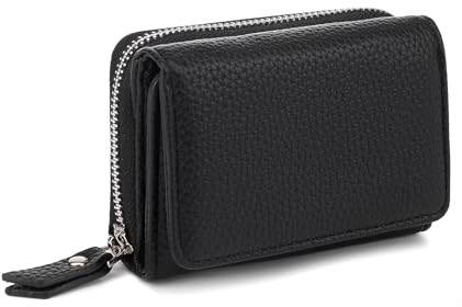 CHAOFANXI Geldbörse Damen, Trifold Leder Kleines Portemonnaie für Frauen, Geldbeutel Damen Portemonnaie Kleine Brieftasche Geldbörse mit 6 Kartenfächern, 1 Banknotenfach und 1 Münzfach, Schwarz