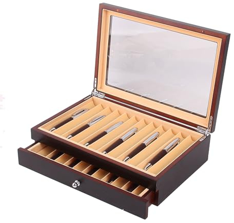 GLDWEY Stifthalterbox mit Vitrine Platz für 12-78 Schreibgeräte Füllfederhalterbox Kugelschreiber Aufbewahrung Cherry Holzstifte Klein aus Holz und Glas Elegantes Geschenk(Size:2Tier,Color:Schwarz)