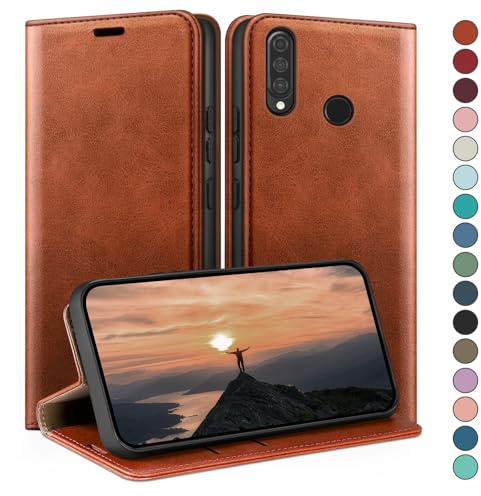 HUOUH für Huawei P30 Lite Hülle mit RFID Schutzhülle aus Lederhülle Handyhülle,Kartenfach Leder ständer Handy hülle,360 Grad Schutz Cover für Huawei P30 Lite Klapphülle Wallet Case Hellbraun