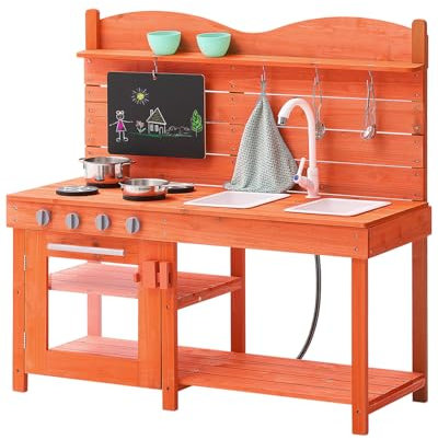 VEVOR Cuisine de boue pour enfants 1050 x 400 x 965 mm, ensemble cuisine en bois avec accessoires, jeu d'épicerie extérieur pour tout-petits, avec cuisinières, évier, robinet, tableau noir, casseroles