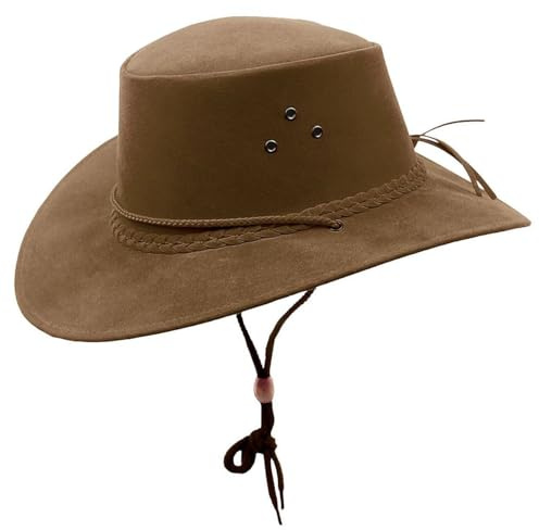 Outdoor Sommerhut aus veganem Leder super leicht und luftig inkl. Kinnband wasserfest mit UV Schutz Farbe braun, Größe XL I 60-61 cm