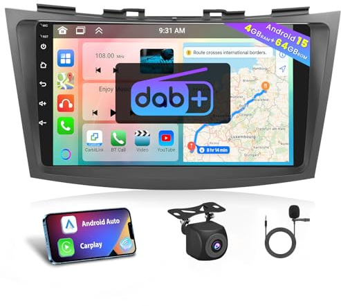 Hikity [4+64GB] DAB/DAB+ Android 15 Autoradio pour Suzuki Swift 2011-2017/Ertiga Radio Carplay Android Auto Sans Fil IPS Écran Tactile 9” Bluetooth Stéréo Mirror Link Navi GPS WiFi SWC USB FM RDS HiFi