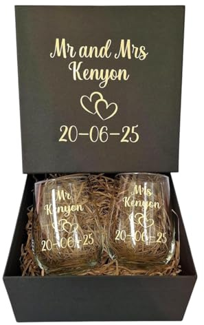 Personalised Mr and Mrs Glasses and Gift Box, Bride and Groom Stemless Wine Glass Tumbler Set, Wedding Day Gifts for The Couple, Anniversary Present, His and Hers, Date and Surname