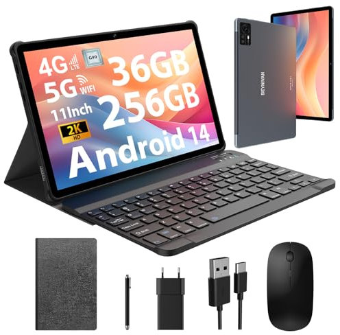 BEYNIVAN Tablette 11 Pouces Android 15 tablettes tactiles Con 4G LTE /5G WiFi, 36GB RAM+256GB ROM,9580mAh,Face ID,TÜV,GMS,GPS,BT5,Tablette avec Clavier détachable,Gris
