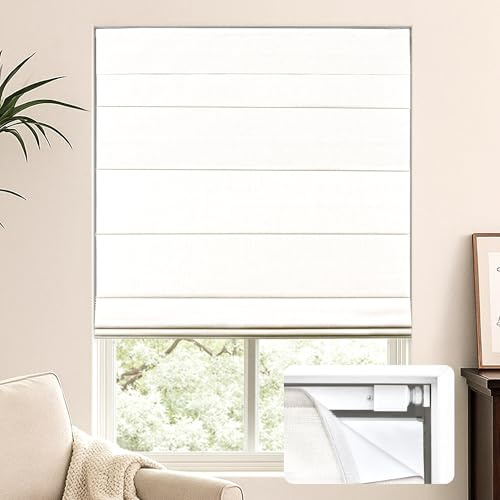 LazBlinds No Tools No Drill Cordless Roman Shades for Windows, Blackout Thermal Insulated UV Blocking Window Blinds, Lightweight Fabric Blinds for Indoor Windows, 34 W x 72 H, Blackout - White