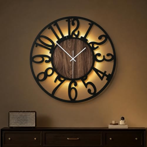 Maxstar 50CM Große Wanduhr Für Wohnzimmer, Batteriebetrieben,Still, Nicht Tickend, Holzstil, Moderne LED-Wanduhr Für Schlafzimmer, Garage, Büro, Esszimmer, Küchendekor (Arabische Ziffer,Schwarz-20)