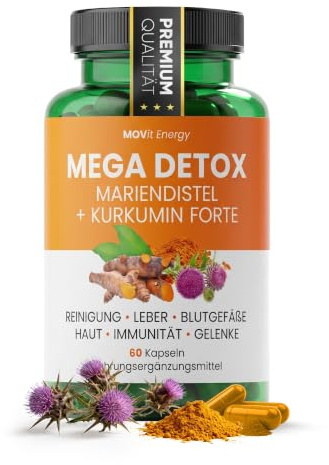 MOVit Mega Detox Mariendistel + Curcumin FORTE, Mit 200 mg Silymarin & 300 mg Curcumin, Angereichert mit Piperin, Für Leberfunktion, Entgiftung & Immunsystem - 60 vegane Kapseln