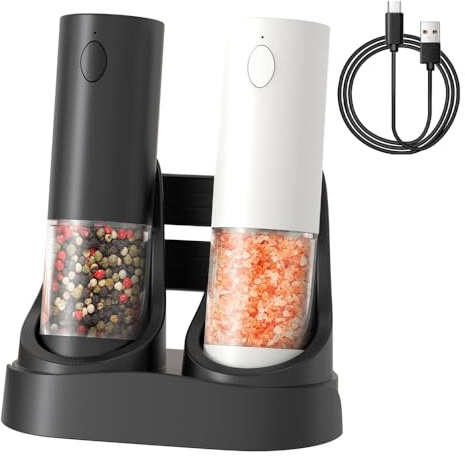 Ensemble de Moulins a Sel et a Poivre Électriques,2 Pièces 95 Ml,Mouture Réglable,Poivrières Électriques en Acier Inoxydable avec Lumières LED et Base de Chargement pour la Cuisine
