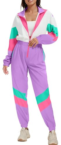 UOUA 80er-Jahre-Outfit für Frauen 94er-Jahre-Kostüm Jumpsuits Langarm Windbreaker Einteiliger Party-Trainingsanzug Lila Weiß L