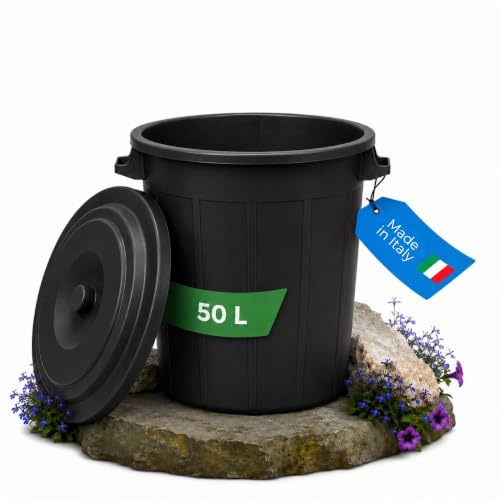 YourCasa Mülltonne 50L - Mülleimer mit Deckel verschließbar - Tonne mit Trageriffen für Garten - Futtertonne oder Regentonne klein - Wassertonne Abfalltonne - kleine Universaltonne (Schwarz, 50L)