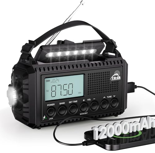 Mesqool Radio AM/FM/SW, Manivelle, Type C, Powerbank/Alarme SOS/Lampe de Poche/Lumière de Lecture/IPX4, Portable d'extérieur pour la Randonnée, Le Camping