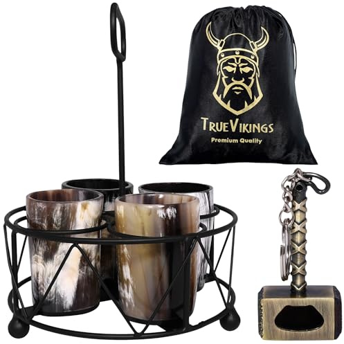 TRUE VIKING Drinking Horn Mug Set of 4 Cups – Gifts for Men, Dad, Husband – Unique Viking Gift – Natural Ox Horn Cup with Thor Bottle Opener – For Beer, Ale, Mead (2-3 oz/Glass) (Set of 4)