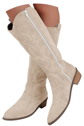 shownicer Bottes de Cowboy Femme Hiver Bottines Talon Haut Confortable Western Bottes Avec Fermeture Eclair A Beige 39