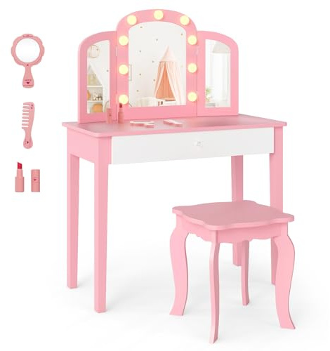 FANTASK 2-in-1 Prinzessinnen Kosmetiktis chmit Schublade und Hocker, Kinder Schminktisch Frisiertisch mit Beleuchtung & 3 farbigem Spiegel, Schminkkommode für Mädchen ab 3 Jahren (Rosa)